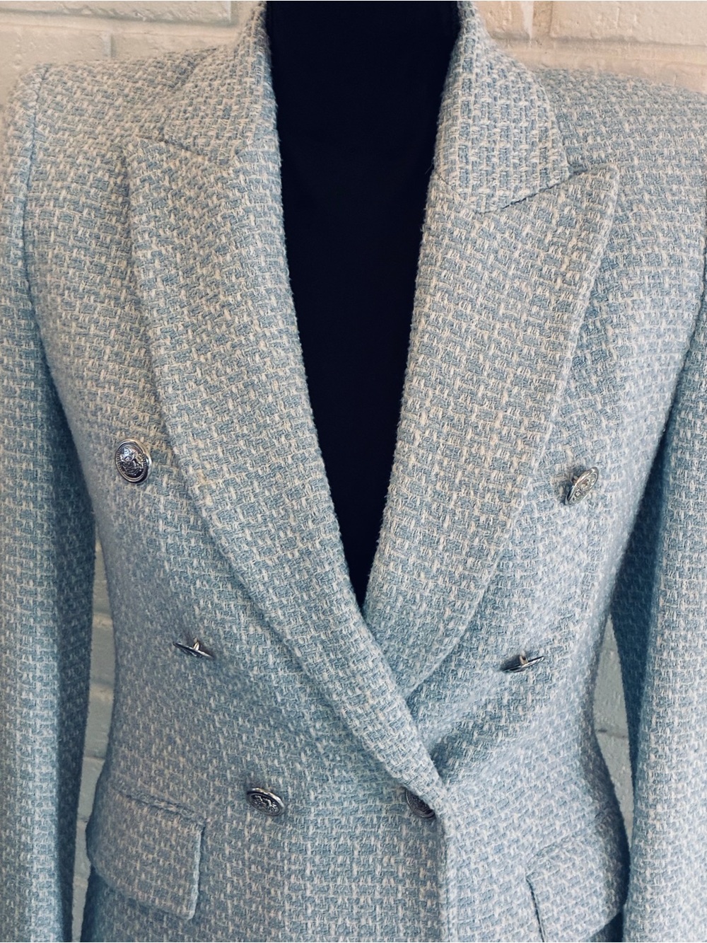 💙 ZARA Double-Breasted Tweed Blazer Jacket - Light Blue EUC XS - Picture 7 of 11